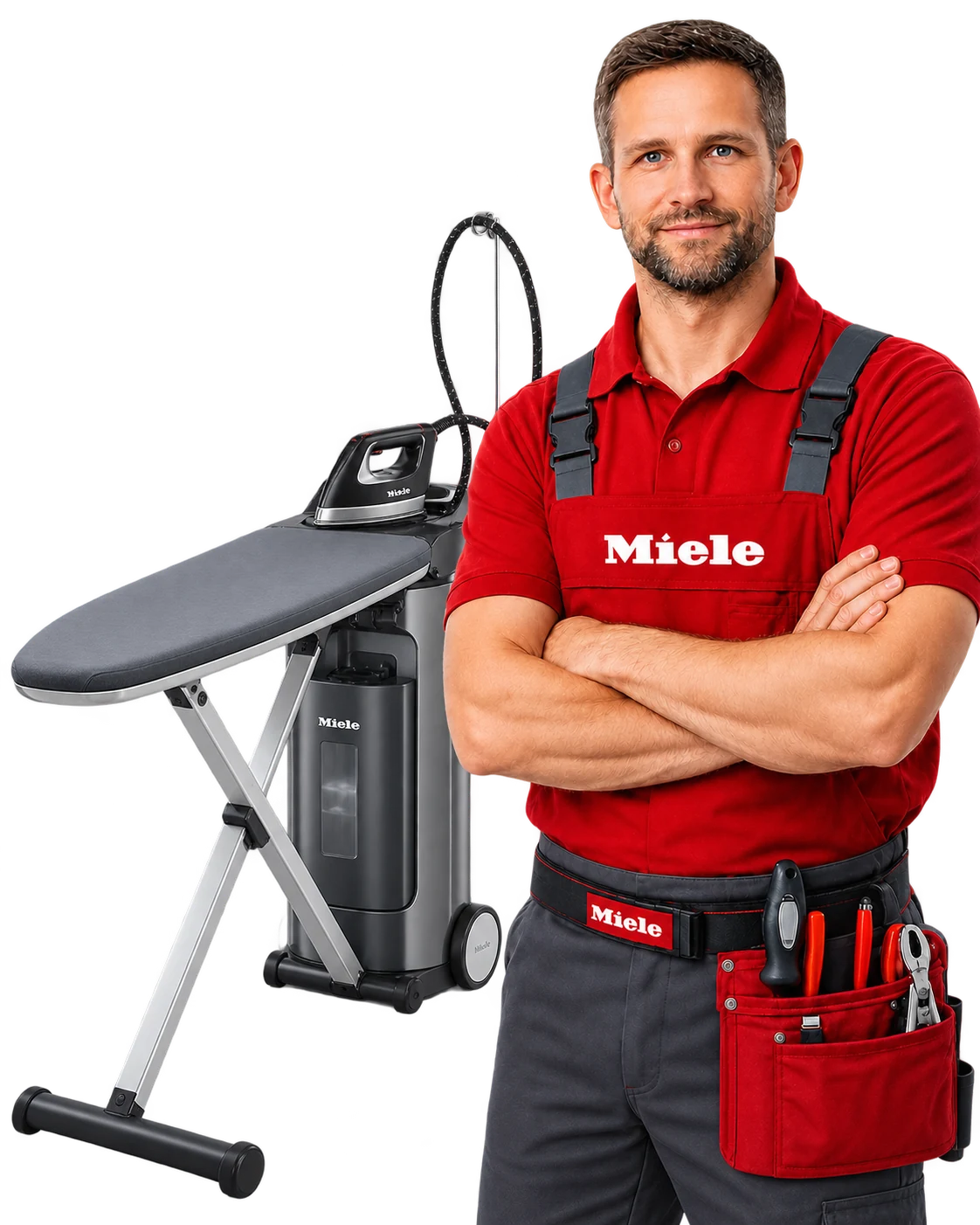 Мастер в красной форме рядом с гладильной системой Miele с утюгом и парогенератором