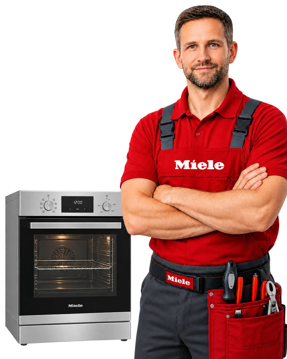 Мастер в красной форме рядом с духовым шкафом Miele